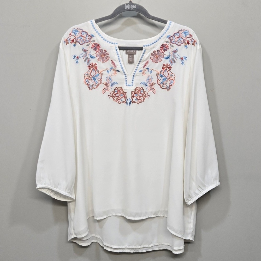 Chicos Shirt Top 4 US XXL White Floral Embroidered Boho‎ Peasant Romantic Flowy